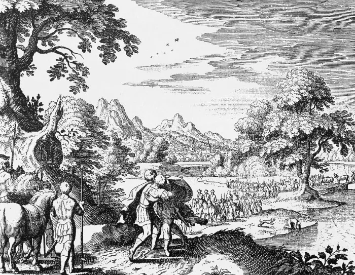 Framed Print : Jacob's reconciliation with Esau bible by Matthaeus sMerian