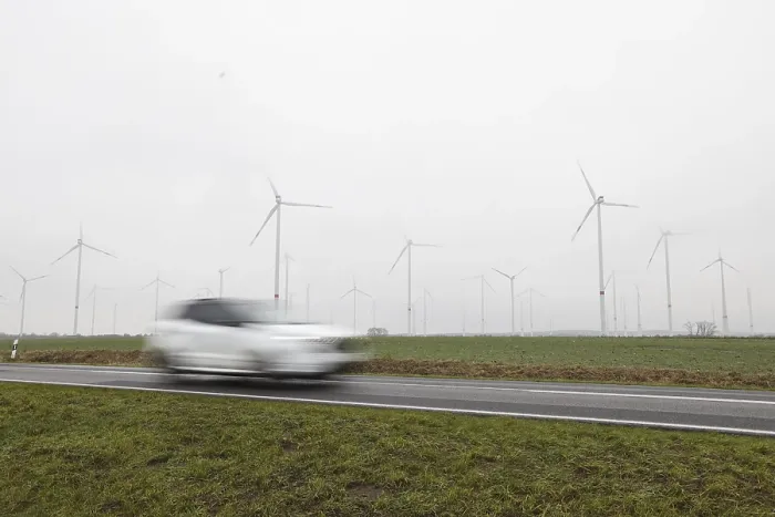 Framed Print : Jacobsdorf wind farm in the fog