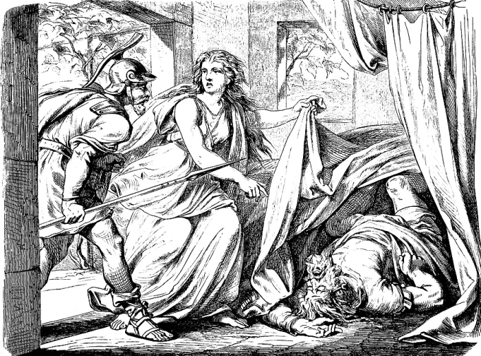 Framed Print : Jael kills Sissera with hammer and nail and shows him to the warrior Barak