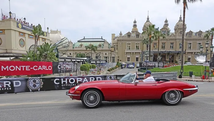 Framed Print : Jaguar E-Type Roadster on the square in front of the Casino Monte-Carlo