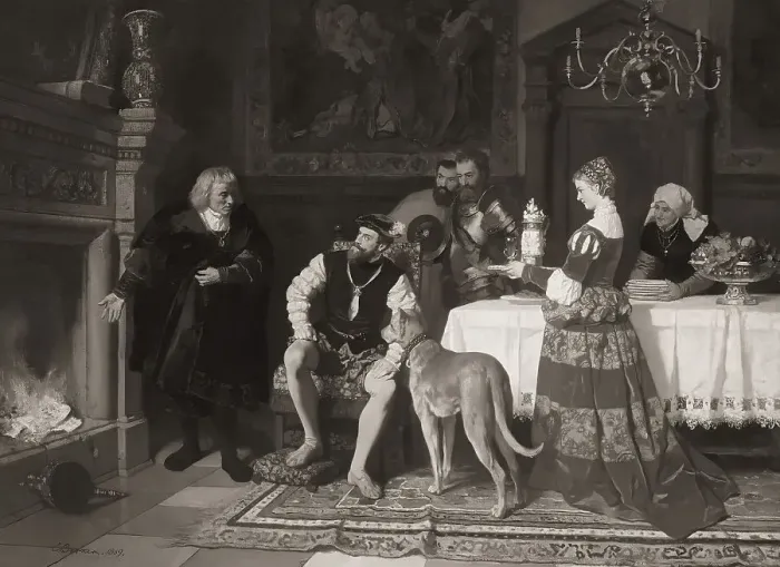 Framed Print : Jakob Fugger burning the debenture bonds of Emperor Charles V at the Fuggers House