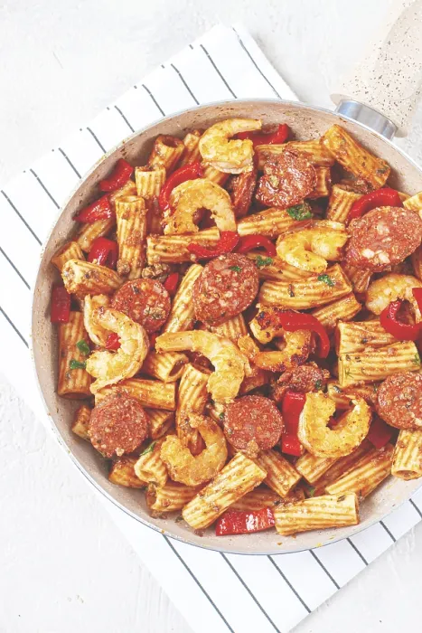 Framed Print : Jambalaya pasta with shrimp and sausages