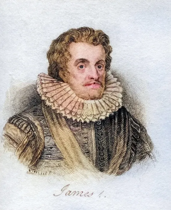 Framed Print : James I 1566-1625 First Stuart King of England from 1603 to 1625 and King of Scotland as James VI from 1567 to 1625 from the book Crabbs Historical Dictionary from 1825, Historical, digitally restored reproduction from a 19th century original