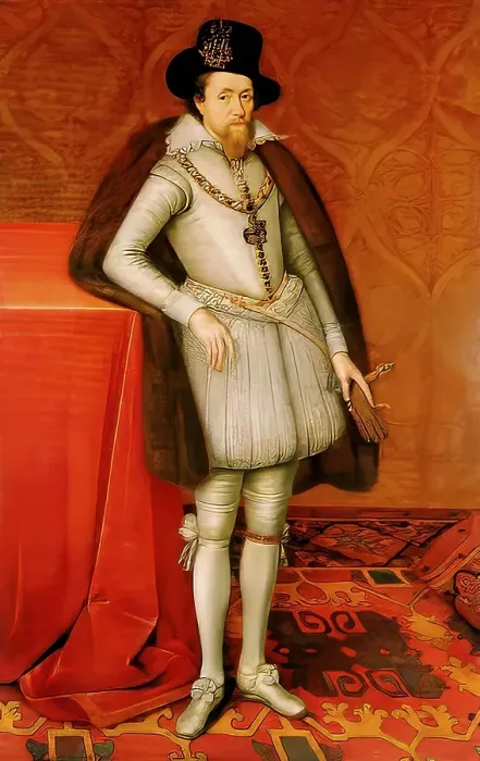 Framed Print : James VI and I, James Charles Stuart, 1566 - 1625, King of England, Scotland and Ireland, digitally edited after a painting by John de Critz, 1606