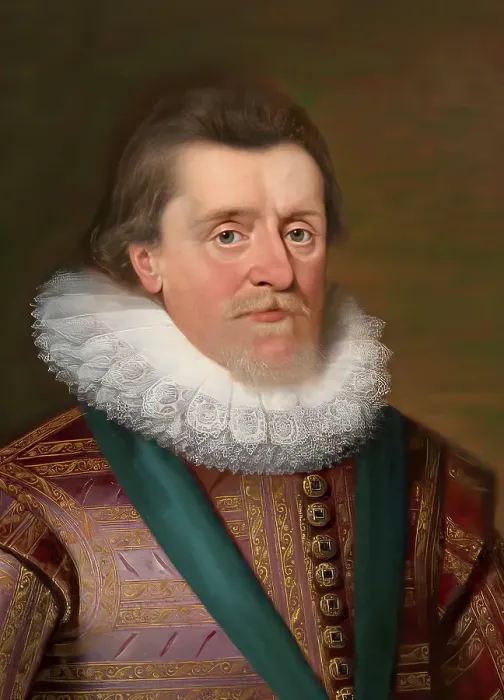 Framed Print : James VI and I, James Charles Stuart, 1566 - 1625, King of England, Scotland and Ireland, digitally edited after a painting by Paul van Somer