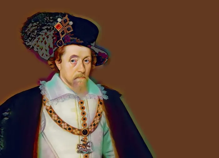 Framed Print : James VI and I, James Charles Stuart, 1566 - 1625, King of England, Scotland and Ireland, digitally edited after a painting by John de Critz