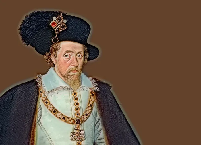 Framed Print : James VI and I, James Charles Stuart, 1566 - 1625, King of England, Scotland and Ireland, digitally edited after a painting by John de Critz