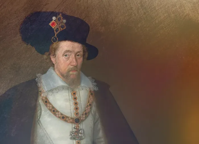 Framed Print : James VI and I, James Charles Stuart, 1566 - 1625, King of England, Scotland and Ireland, digitally edited after a painting by John de Critz