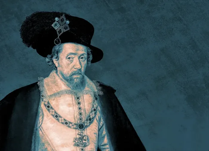 Framed Print : James VI and I, James Charles Stuart, 1566 - 1625, King of England, Scotland and Ireland, digitally edited after a painting by John de Critz