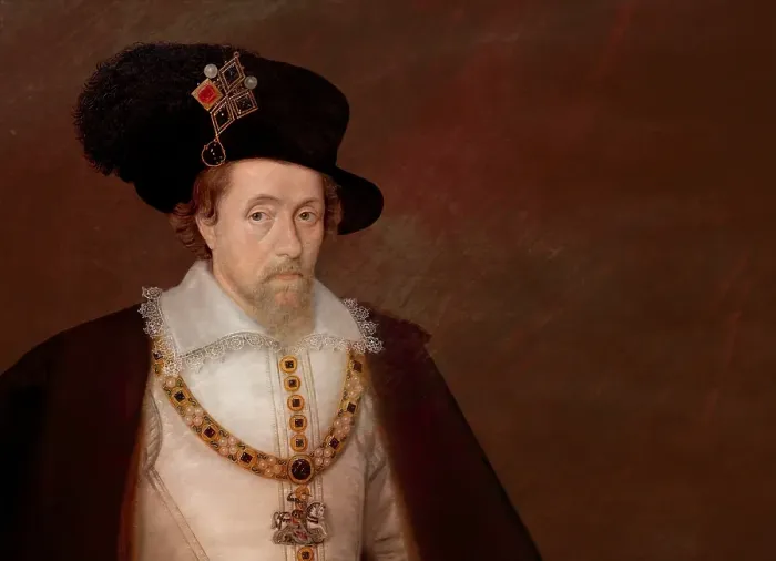 Framed Print : James VI and I, James Charles Stuart, 1566 - 1625, King of England, Scotland and Ireland, digitally edited after a painting by John de Critz