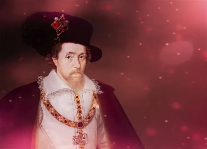 Framed Print : James VI and I, James Charles Stuart, 1566 - 1625, King of England, Scotland and Ireland, digitally edited after a painting by John de Critz