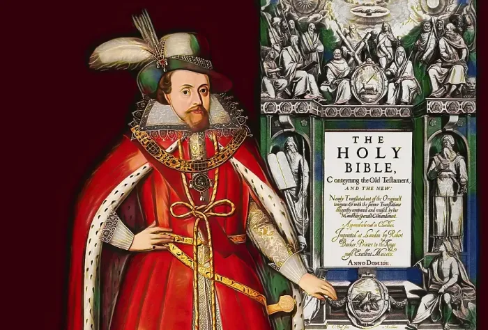 Framed Print : James VI and I, James Charles Stuart, 1566 - 1625, King of England, Scotland and Ireland, Frontispiece to the King James Bible, 1611, digitally edited