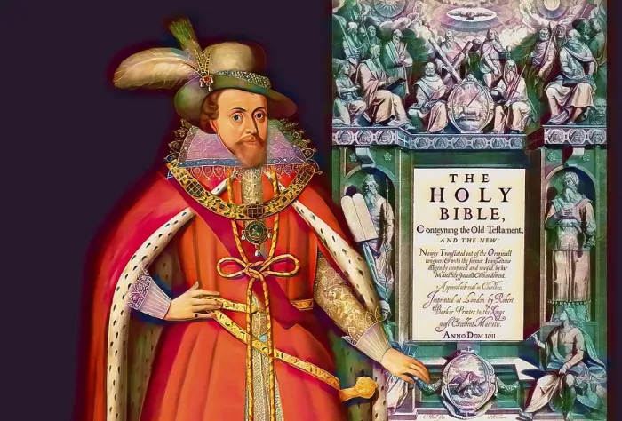 Framed Print : James VI and I, James Charles Stuart, 1566 - 1625, King of England, Scotland and Ireland, Frontispiece to the King James Bible, 1611, digitally edited