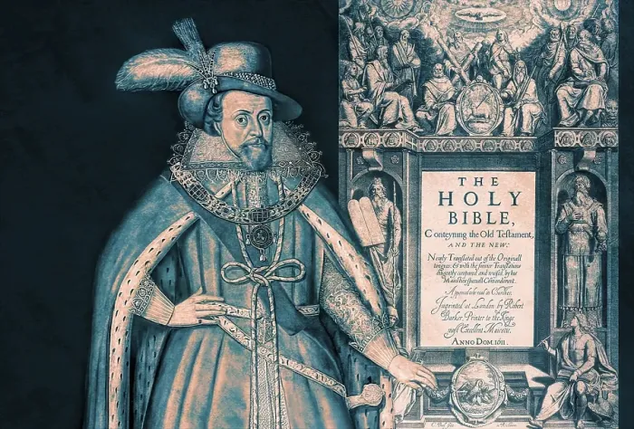 Framed Print : James VI and I, James Charles Stuart, 1566 - 1625, King of England, Scotland and Ireland, Frontispiece to the King James Bible, 1611, digitally edited