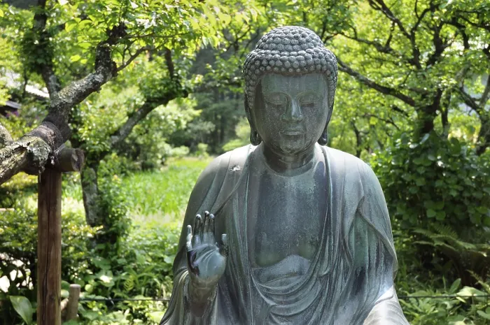 Framed Print : Japanese Buddha statue in zen garden environment in Kamakura