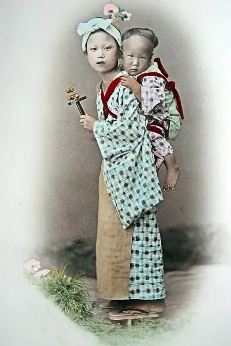 Framed Print : Japanese girl carrying child, Japan, Asia Framed Print : Japanese girl carrying child, Japan, Asia
