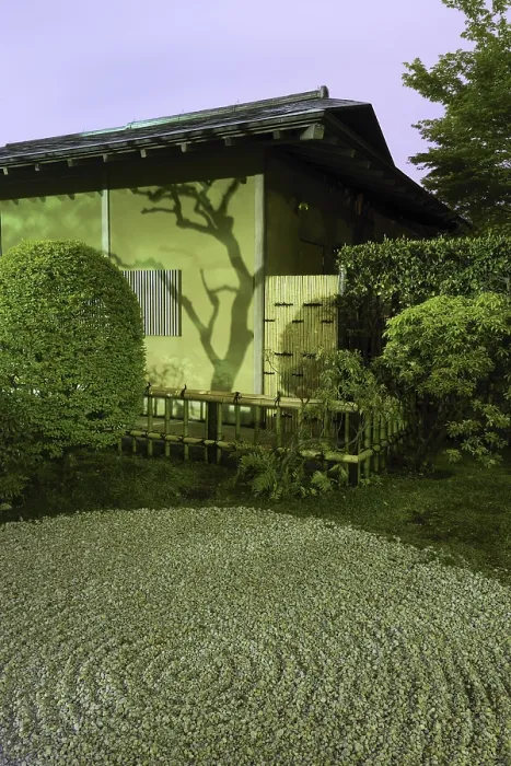 Framed Print : Japanese house wall with tree shadow and traditional circle pattern on the sand in zen garden by night time Framed Print : Japanese house wall with tree shadow and traditional circle pattern on the sand in zen garden by night time