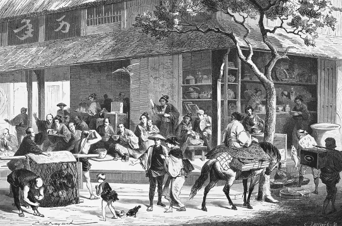 Framed Print : Japanese teahouse, street scene, bowl, guests, jugglers on the street, entertainment, fun, joy, rider on horse, many people, fish seller, man in cage, woman serving tea, characters on building, travelling in Asia, Japan
