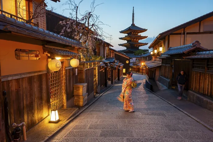 Framed Print : Japanese woman in kimono in an alley