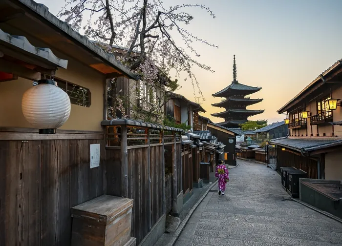 Framed Print : Japanese woman in kimono in an alley