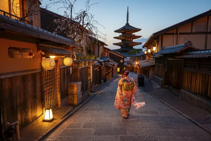 Framed Print : Japanese woman wearing kimono in an alley
