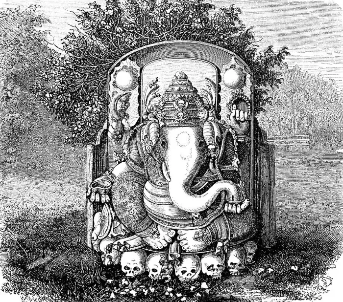 Framed Print : Javanese idol after Raffles, depiction of a deity with elephant face and trunk, human hand, religion, skulls, outdoors, ornamentation, trees, Java, Indonesia, historical illustration 1880, Asia