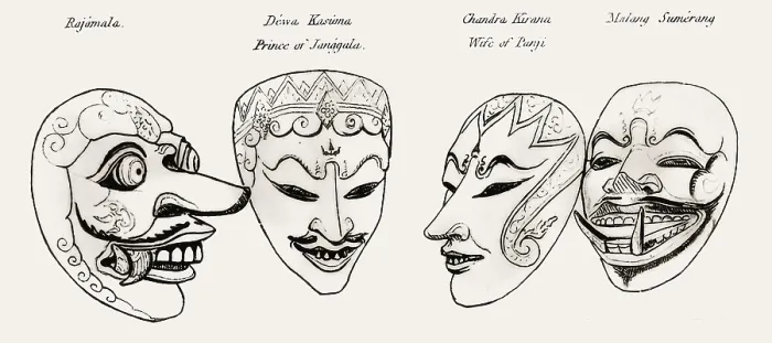 Framed Print : Javanese Topeng masks, 1817, from History of Java by Sir Thomas Stamford Bingley Raffles
