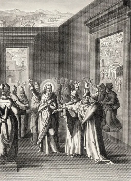 Framed Print : Jesus debate with the Pharisees after the Feast of Tabernacles