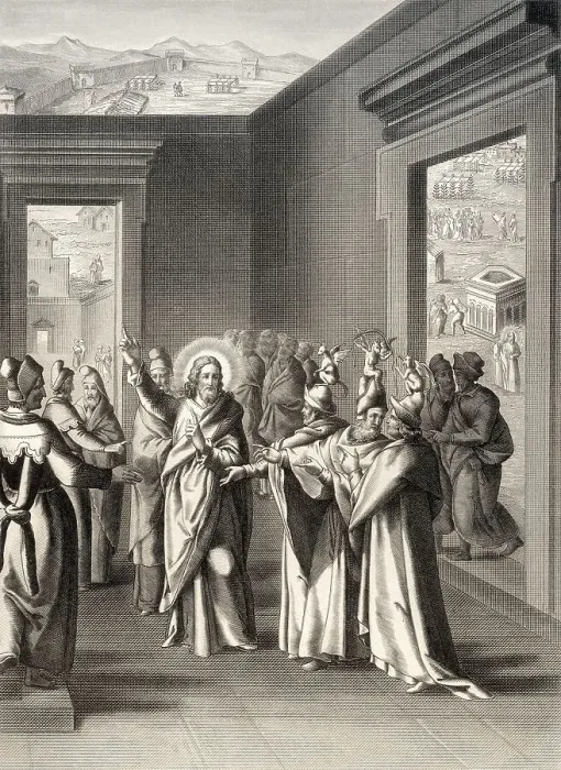 Framed Print : Jesus debate with the Pharisees after the Feast of Tabernacles