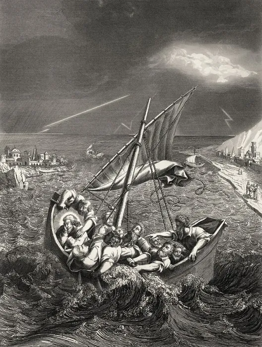 Framed Print : Jesus sleeps in boat during the storm Framed Print : Jesus sleeps in boat during the storm