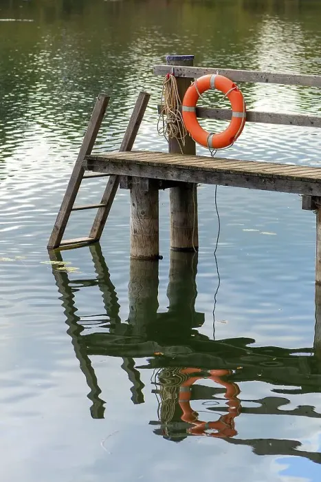 Framed Print : Jetty with lifebuoy Klostersee m Kloster Seeon