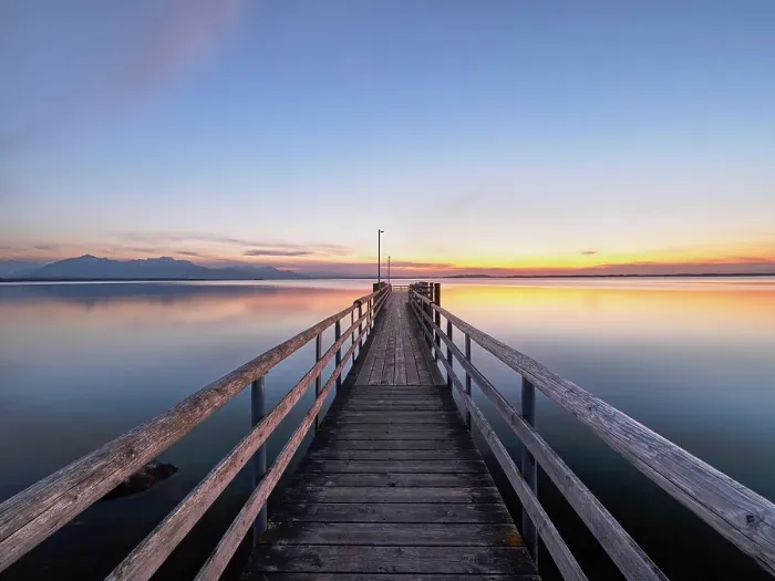 Framed Print : Jetty at sunset, Chiemsee, Chieming, Bavaria, Germany, Europe