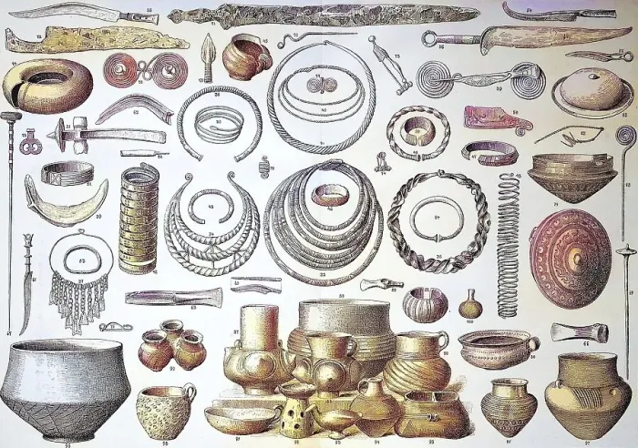 Framed Print : Jewellery, implements and weapons from the Hallstatt period Framed Print : Jewellery, implements and weapons from the Hallstatt period