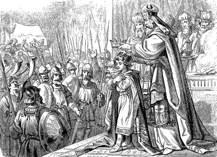 Framed Print : Joash (878-838 BC) is anointed and crowned king by the priest Jehoiada at the age of 7