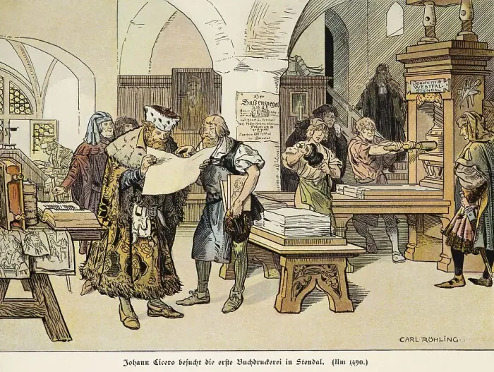 Framed Print : Johann Cicero, Visit to the first printing press in Stendal around 1490 Framed Print : Johann Cicero, Visit to the first printing press in Stendal around 1490