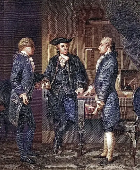 Framed Print : Johann Henry Jules Alexandre of Robaii Baron de calf 1721 to 1780 centre introducing Lafayette to Silas Deane after