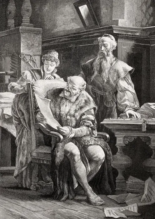 Framed Print : Johannes Gutenberg showing his first print Framed Print : Johannes Gutenberg showing his first print