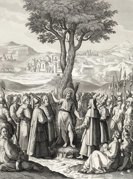 Framed Print : John the Baptist tells people about Jesus at the Jordan