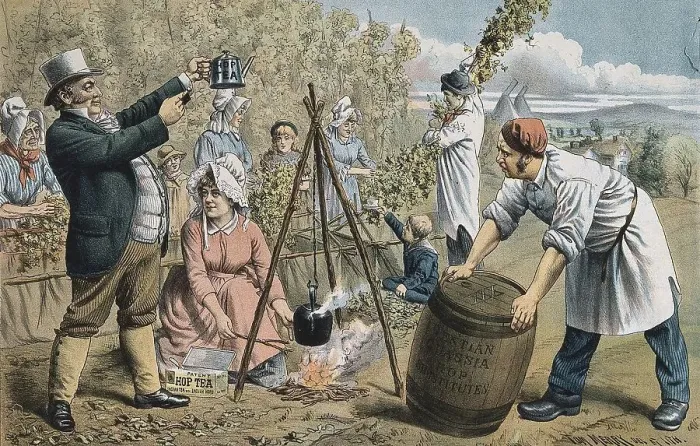 Framed Print : John Bull preparing hop tea in front of a hop grower and his workers Framed Print : John Bull preparing hop tea in front of a hop grower and his workers