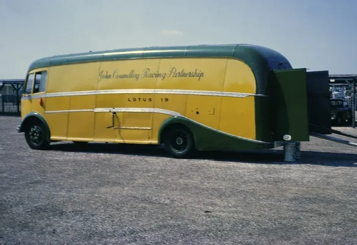 Framed Print : John Coundley Racing Partnership racing car transporter, lorry, Lotus 19, 1963