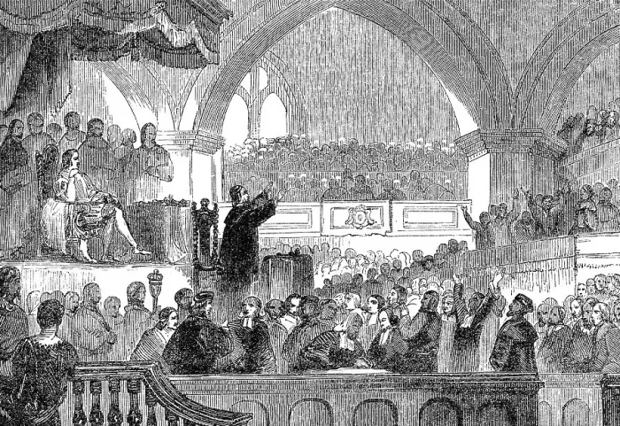 Framed Print : John Davidson predigt auf der Generalversammlung der Kirche von Schottland
