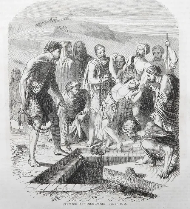 Framed Print : Joseph is thrown into the pit, Historical illustration in an old splendid Bible Framed Print : Joseph is thrown into the pit, Historical illustration in an old splendid Bible