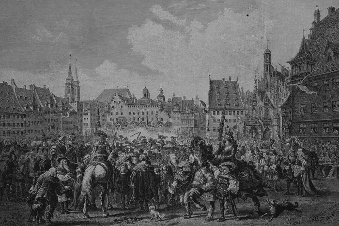 Framed Print : The journeyman's tournament on the marketplace of Nuremberg