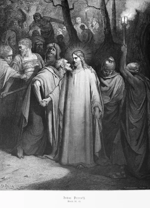 Framed Print : Judas betraying Jesus, Gospel of Matthew