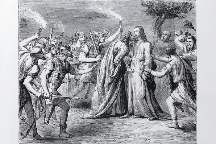 Framed Print : Judas betrays Jesus through a kiss