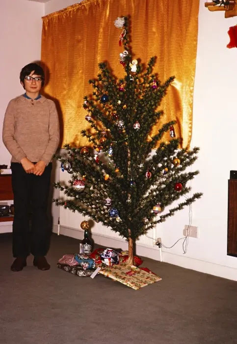Framed Print : Junge steht vor einem kuenstlichen Weihnachtsbaum mit einem Geschenk darunter, Vorhaenge zugezogen, britische Kultur 1974