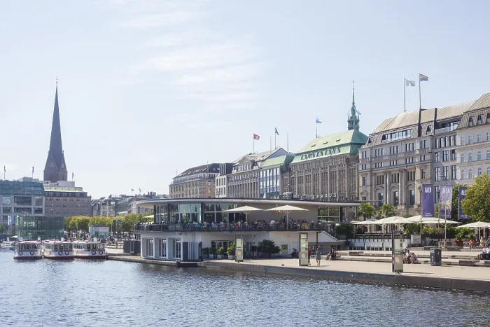 Framed Print : Jungfernstieg with Inner Alster Lake and gastronomy Cafe Alsterpavillon Alex Framed Print : Jungfernstieg with Inner Alster Lake and gastronomy Cafe Alsterpavillon Alex