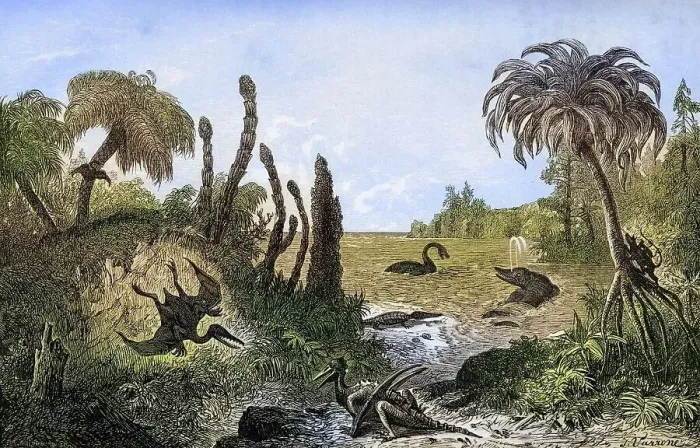 Framed Print : Jurassic landscape. Print from the 1870s