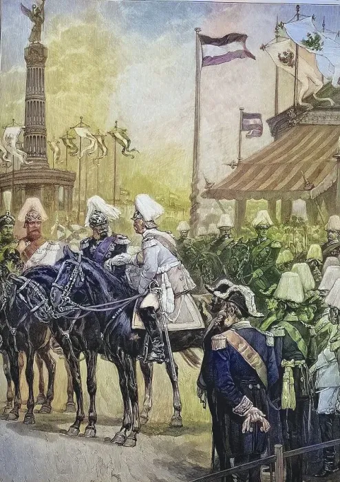 Framed Print : Kaiser Wilhelm I. welcomes Prince Bismarck at the inauguration of the Siegessaeule in Berlin