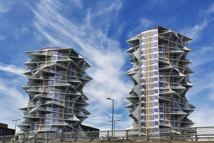 Framed Print : Kaktus Towers, two dramatically shaped residential towers